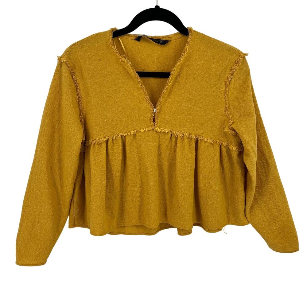 Zara Trafaluc Crop Mustard Yellow Shirt Womens Size Small Babydoll Long Sleeve